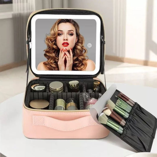 Bolso Organizador Maquillaje Espejo Tocador Luz Led Portátil